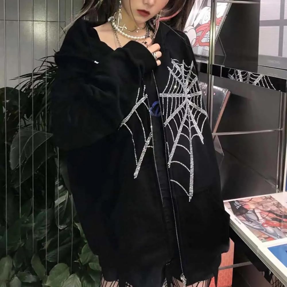 Amazon.com: Women Goth Spider Web Zip Up Hoodie Y2K Alt Emo